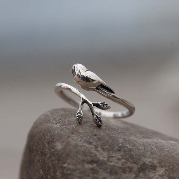 925 Sterling Silver Bird Animal Ring Tree Ring Branch Ring Adjustable Cute Ring - Picture 5 of 7